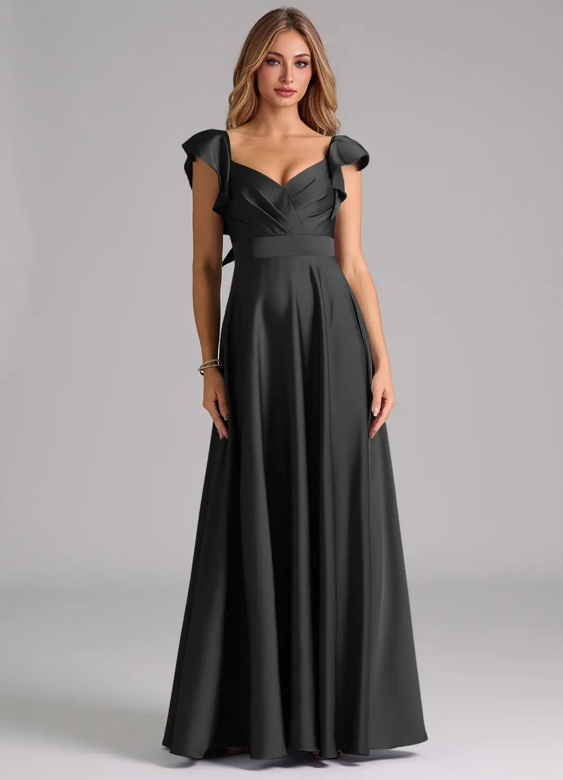 Glamorous satin sweetheart neck floor length bridesmaid dress with ruffled cap sleeves, pleated bodice and open back