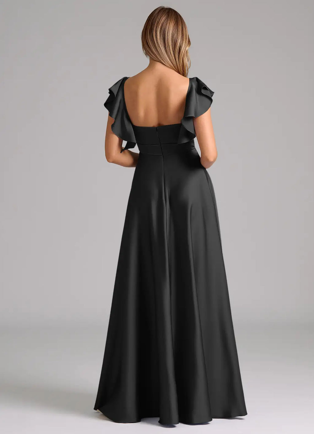 Glamorous satin sweetheart neck floor length bridesmaid dress with ruffled cap sleeves, pleated bodice and open back