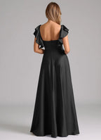 Glamorous satin sweetheart neck floor length bridesmaid dress with ruffled cap sleeves, pleated bodice and open back
