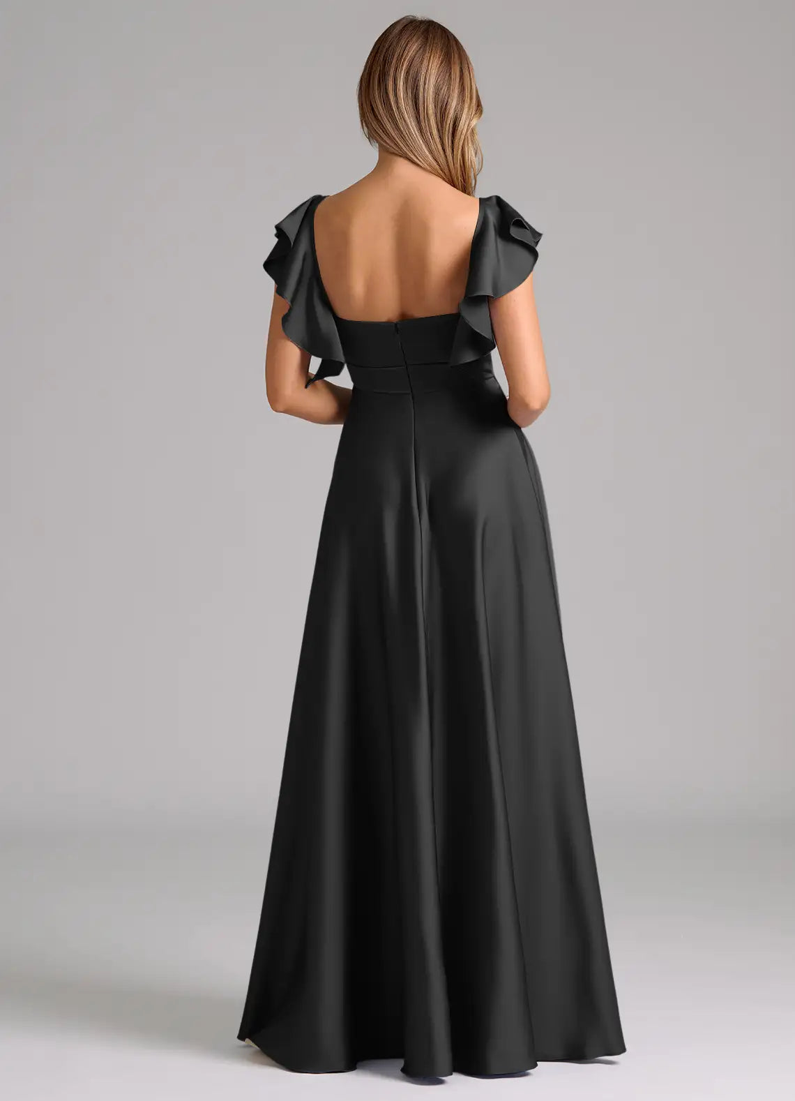 Glamorous satin sweetheart neck floor length bridesmaid dress with ruffled cap sleeves, pleated bodice and open back