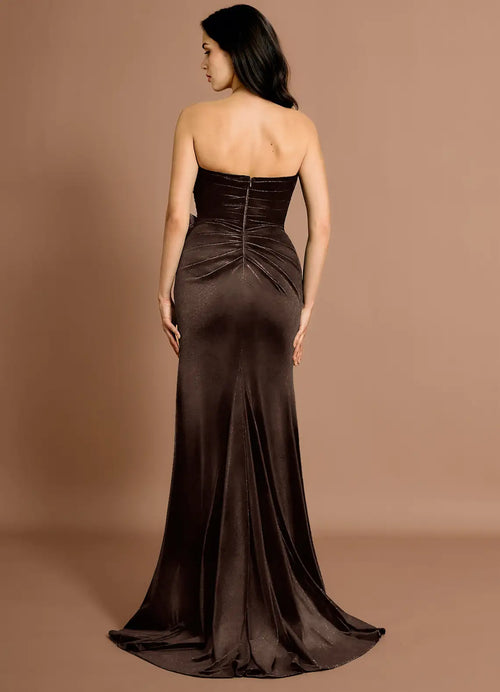 Robe de bal sirène en velours scintillant avec bretelles convertibles, nœud à la taille, dos ouvert, traîne, fente haute, longueur ras du sol - à vendre