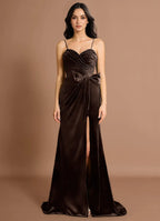 Glitter Velvet Convertible Strap Mermaid Bow Waist Open Back Train High Slit Floor Length For Sale Prom Dress