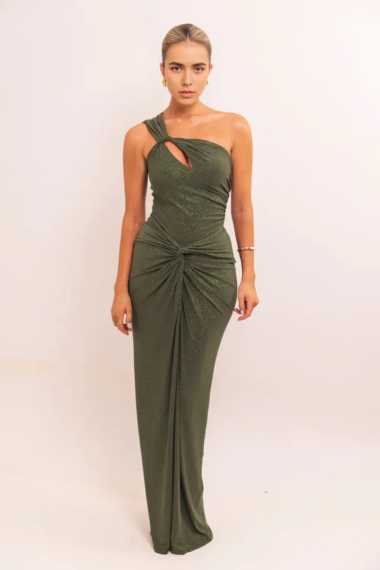 Glittered Sheath One Shoulder Sleeveless Twist Back Floor Length Hot sale Prom Dress
