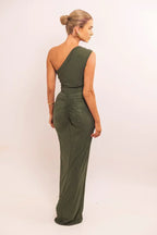 Glittered Sheath One Shoulder Sleeveless Twist Back Floor Length Hot sale Prom Dress