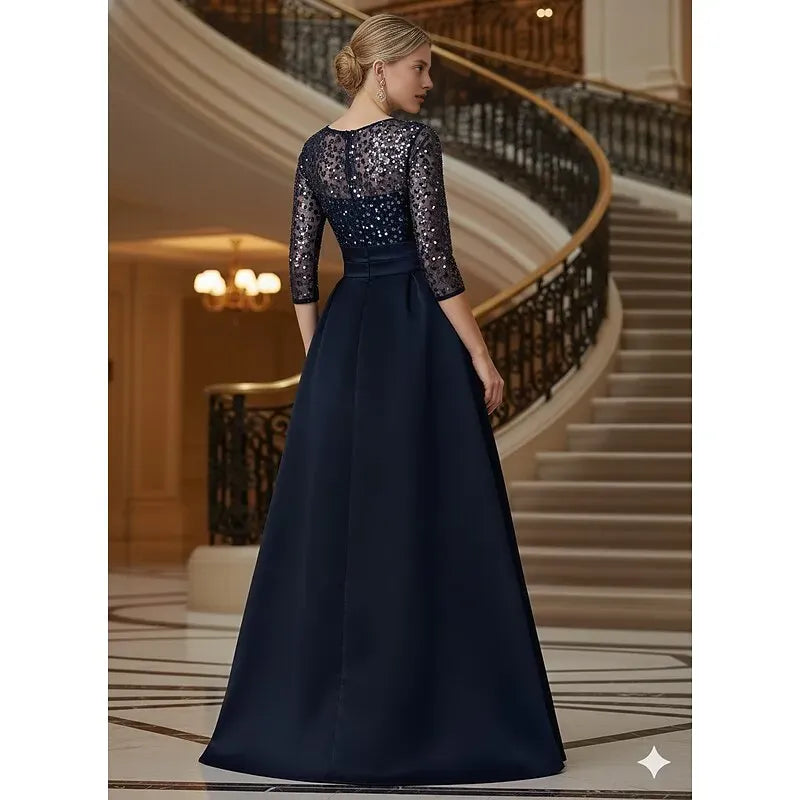 Glittering A-Line 3/4 Length Sleeve Illusion Neck Ruffles Floor-Length Mother Of The Bride Dress