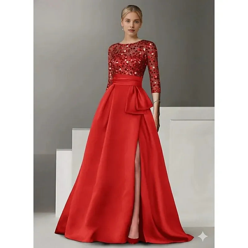 Glittering A-Line 3/4 Length Sleeve Illusion Neck Ruffles Floor-Length Mother Of The Bride Dress