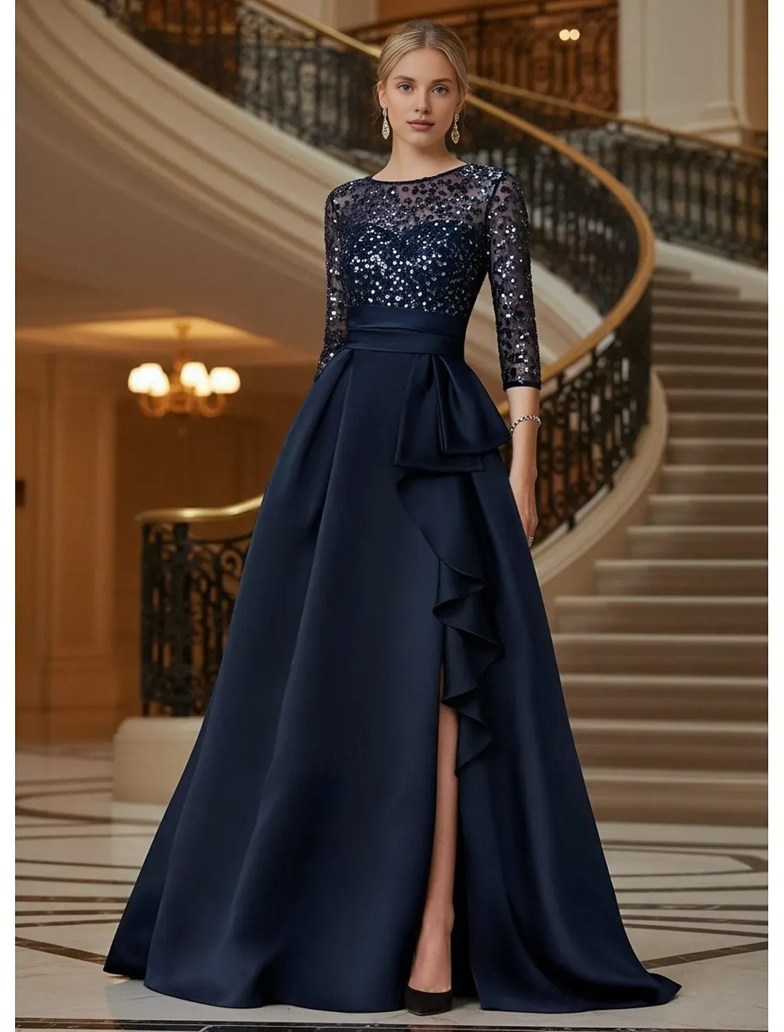 Glittering A-Line 3/4 Length Sleeve Illusion Neck Ruffles Floor-Length Mother Of The Bride Dress