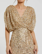 Luxury Column V Neck Draped Sleeve Zipper Up Floor-Length Prom Dress