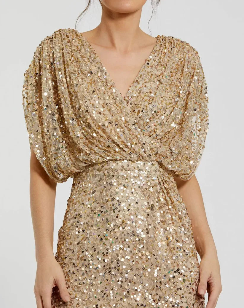 Luxury Column V Neck Draped Sleeve Zipper Up Floor-Length Prom Dress