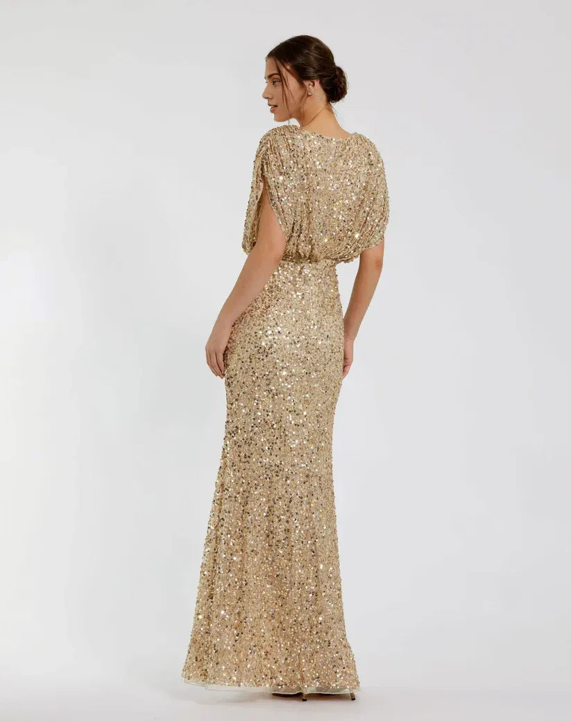 Luxury Column V Neck Draped Sleeve Zipper Up Floor-Length Prom Dress