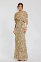 Luxury Column V Neck Draped Sleeve Zipper Up Floor-Length Prom Dress