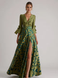 A-Line 3/4 Length Sleeve V Neck Slit Floor-Length Mother Of The Bride Dress