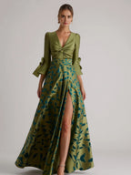 A-Line 3/4 Length Sleeve V Neck Slit Floor-Length Mother Of The Bride Dress