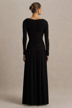 Gorgeous A Line Boat Neck Long Sleeve Ruched Back Floor Length Evening Dress