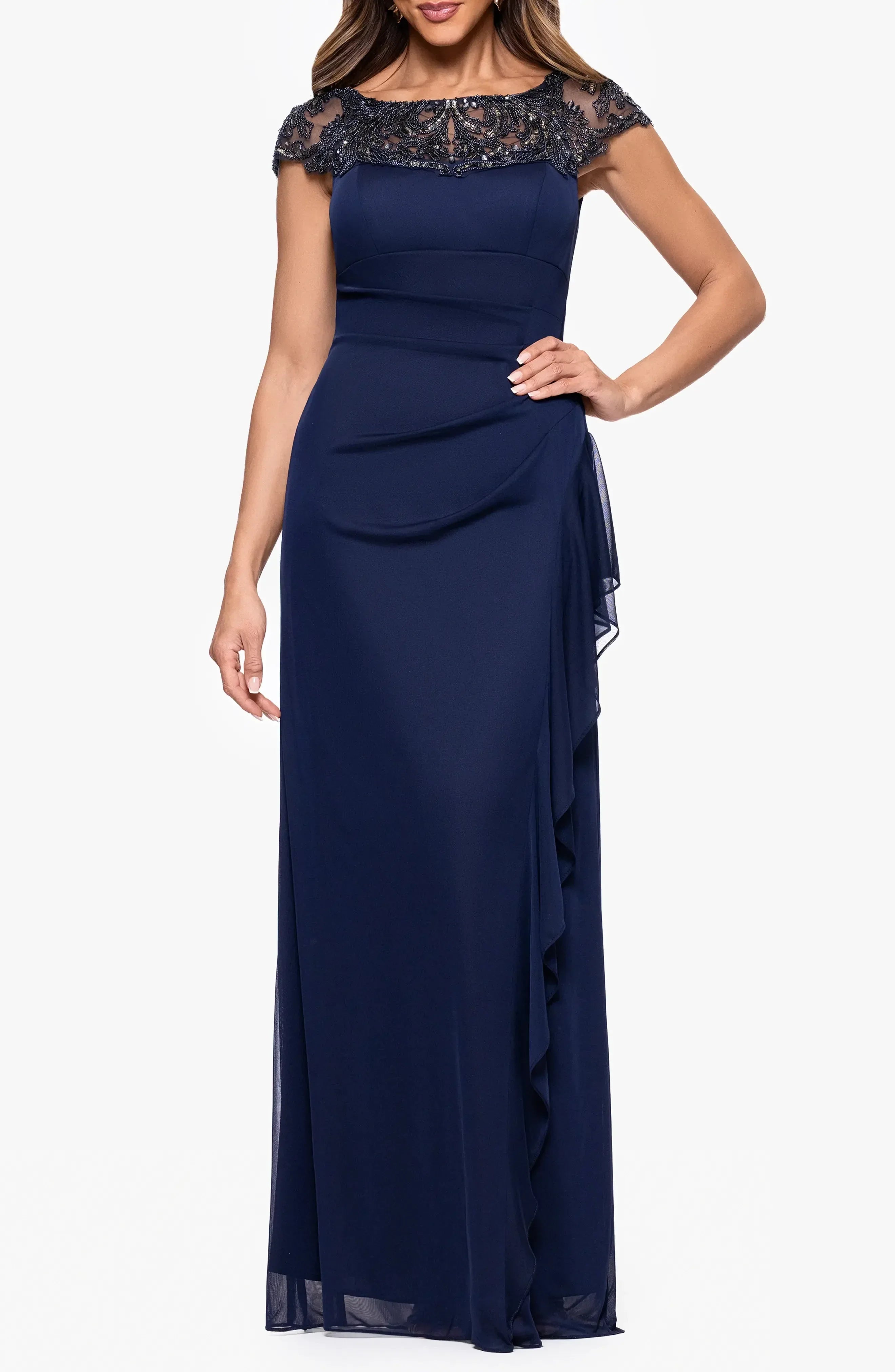 Gorgeous Beaded Boat Neck Cap Sleeve Ruched Back Floor Length Evening Dress ﻿