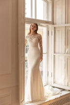 Gorgeous Mermaid Illusion Neckline Lace Long Sleeve Open Back Long Length Wedding Dress