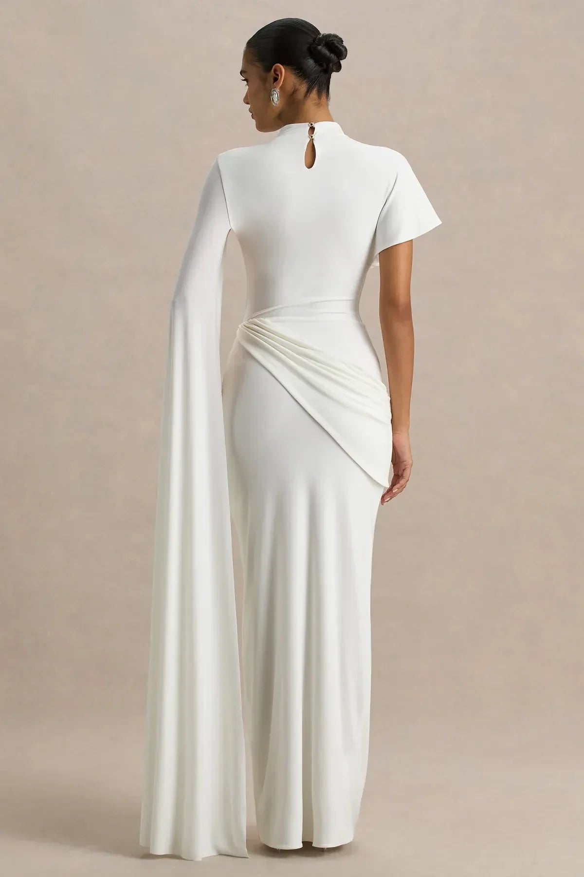 Gorgeous Mermaid Mock Neck Asymmetric Sleeve Ruched Back Floor Length Evening Dress