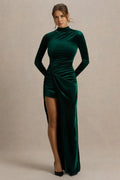 Gorgeous Mermaid Mock Neck Long Sleeve Ruched Side High Slit Floor Length Evening Dress