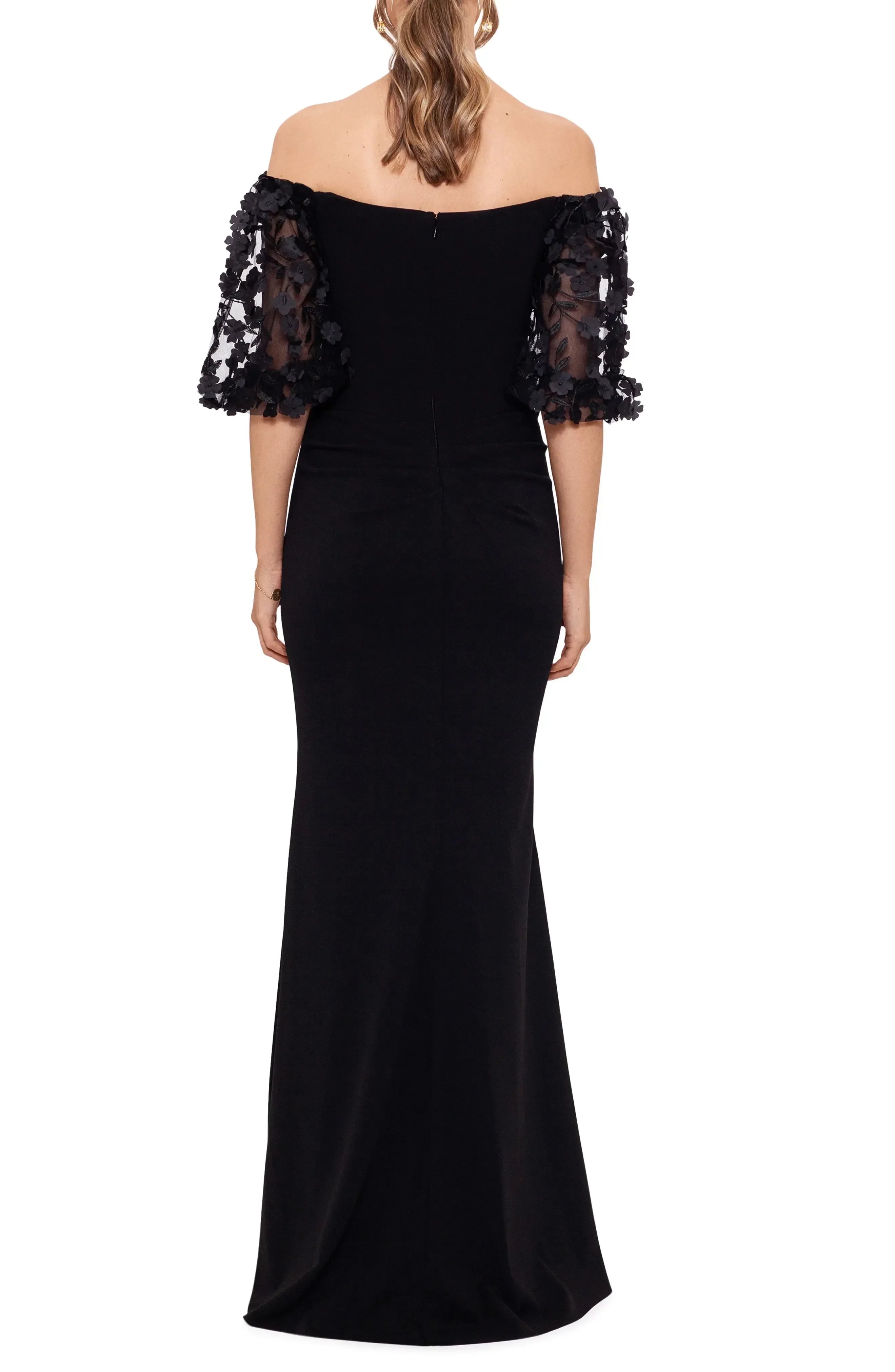 Gorgeous Mermaid Off Shoulder Floral Lace Sleeve Solid Back Floor Length Evening Dress