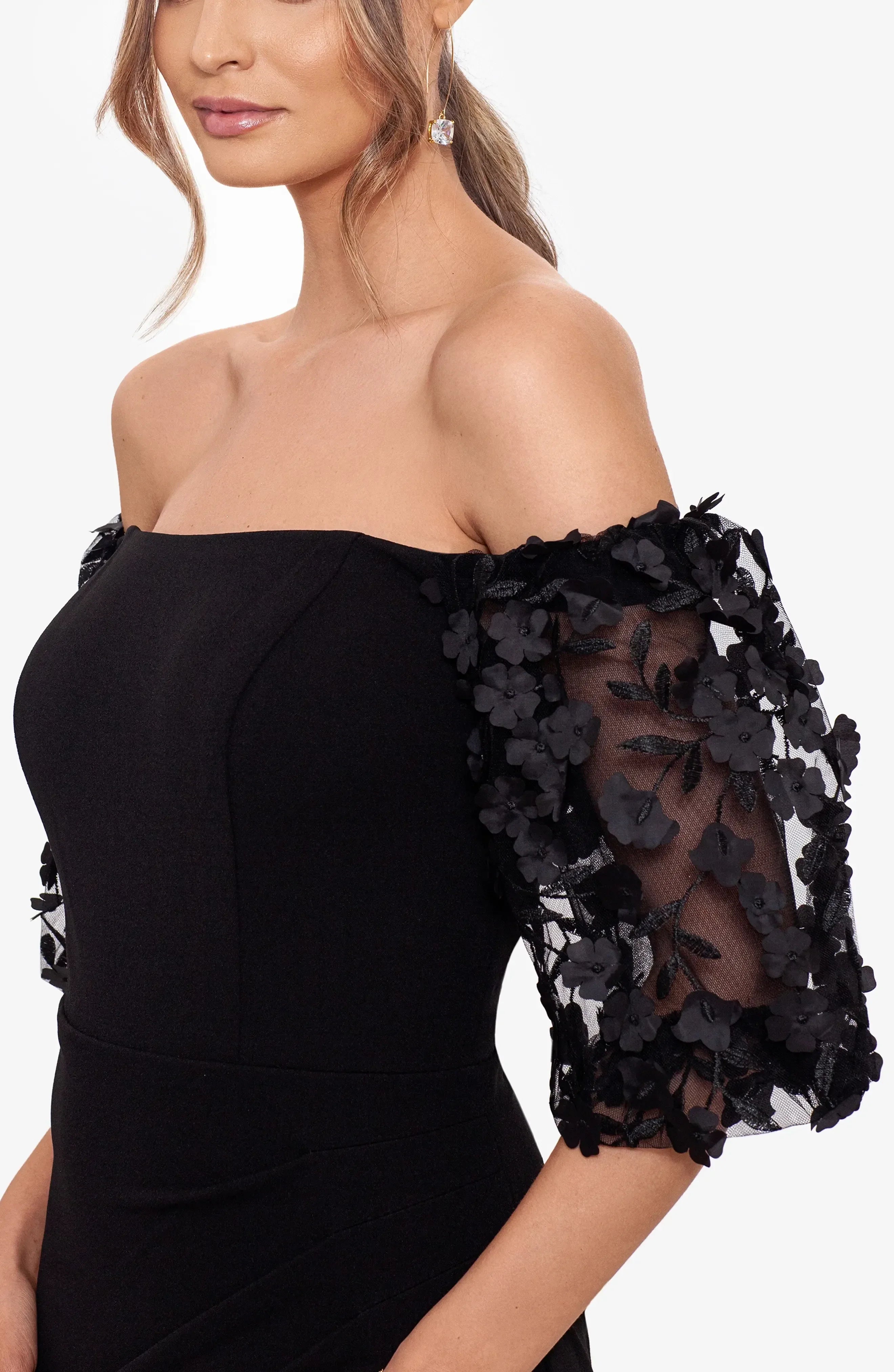 Gorgeous Mermaid Off Shoulder Floral Lace Sleeve Solid Back Floor Length Evening Dress