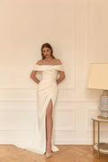 Gorgeous Mermaid Off Shoulder Short Sleeve Open Back Long Length Wedding Dress with High Slit