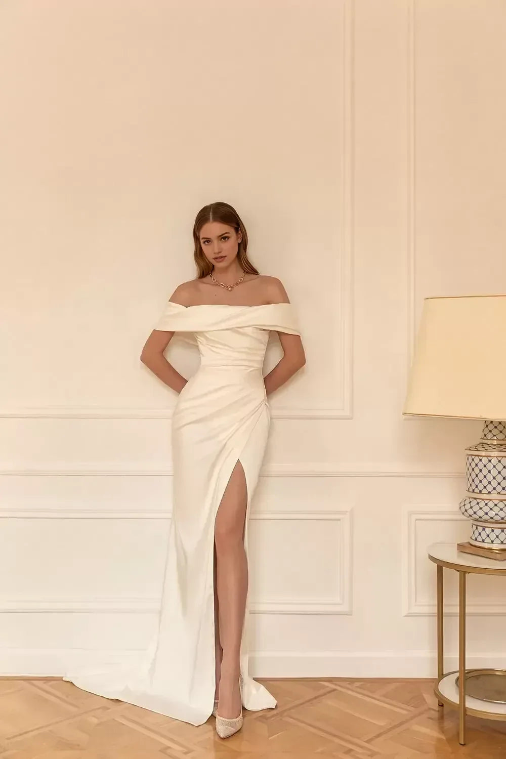 Gorgeous Mermaid Off Shoulder Short Sleeve Open Back Long Length Wedding Dress with High Slit