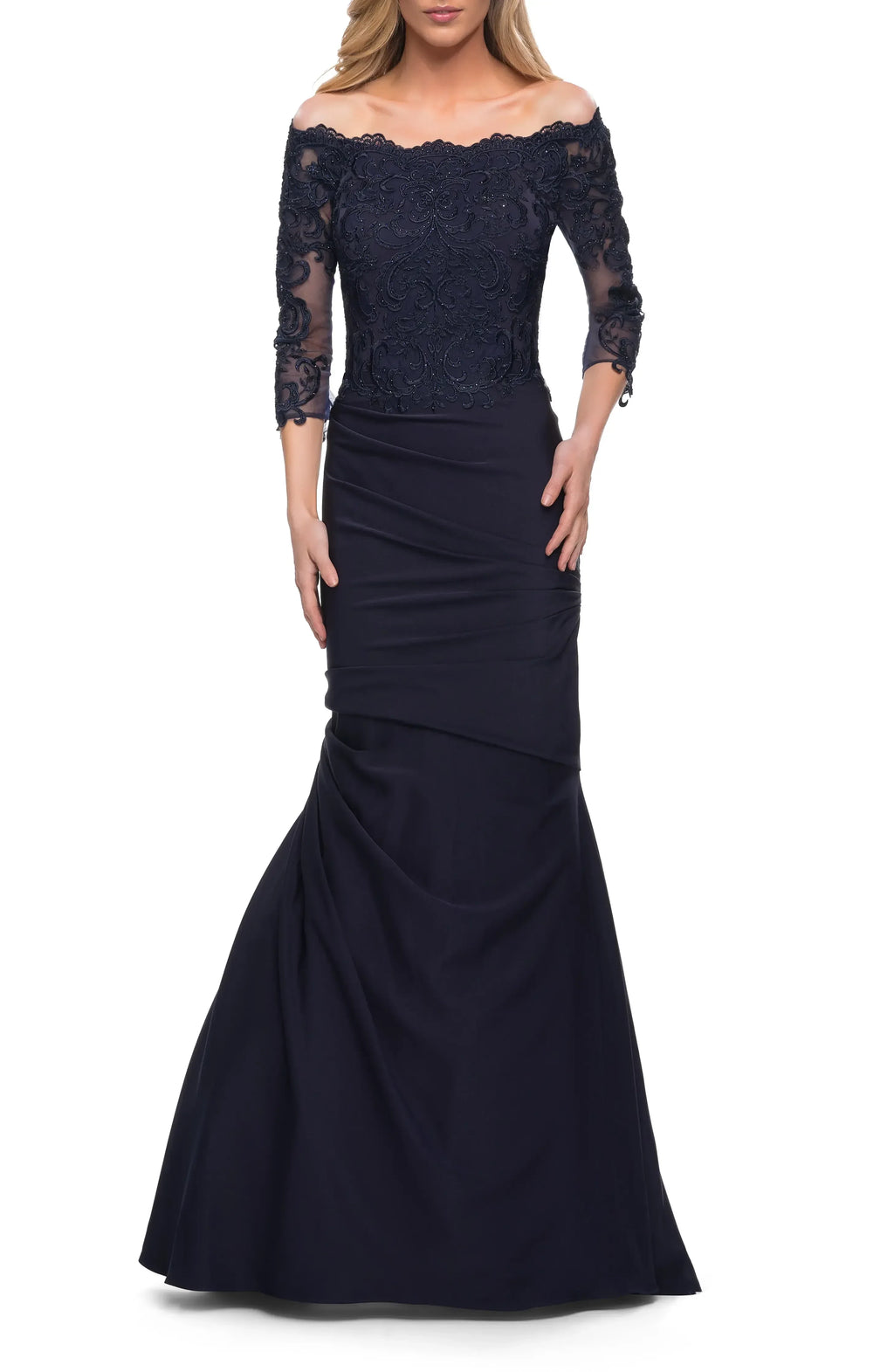 Gorgeous Mermaid Off Shoulder Three Quarter Sleeve Lace Back Floor Length Evening Dress