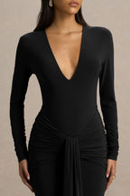 Gorgeous Mermaid Plunge Neck Long Sleeve Ruched Back Floor Length Evening Dress