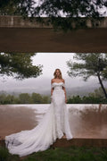 Gorgeous Off Shoulder Mermaid Lace Floral Accent Zip Back Train Length Wedding Dress