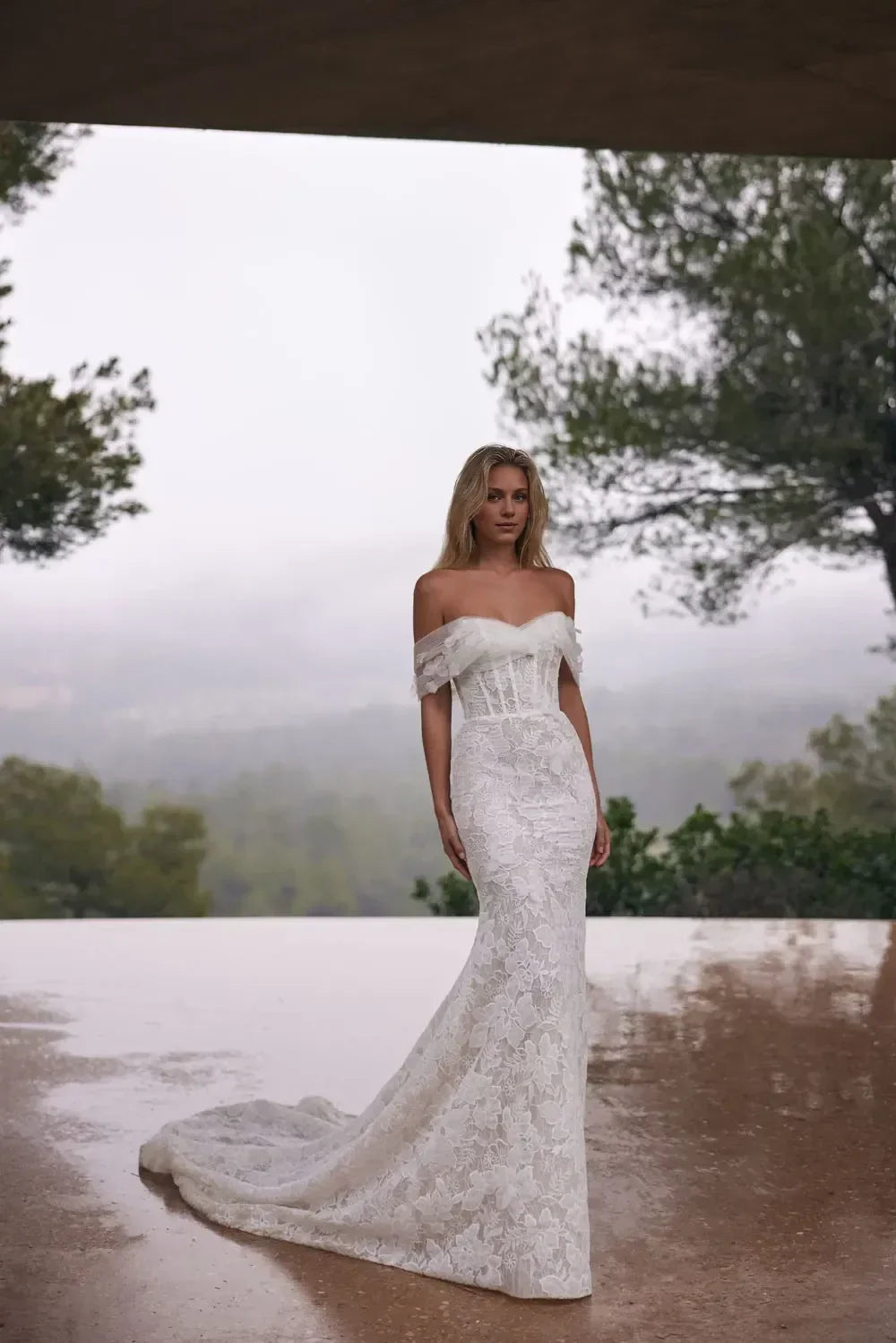 Gorgeous Off Shoulder Mermaid Lace Floral Accent Zip Back Train Length Wedding Dress