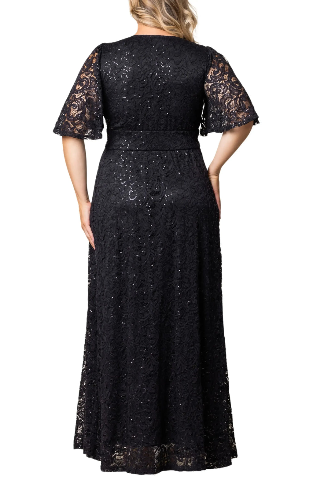 Gorgeous Plus Size A Line V Neck Flutter Sleeve Zipper Back Midi Evening Dress