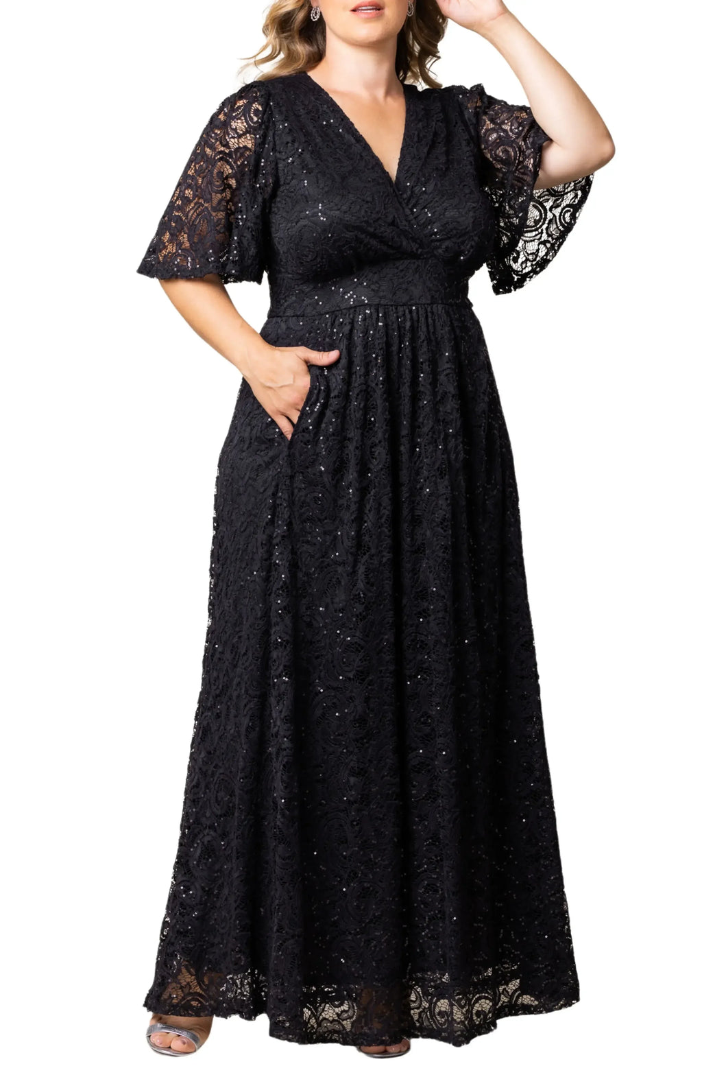 Gorgeous Plus Size A Line V Neck Flutter Sleeve Zipper Back Midi Evening Dress