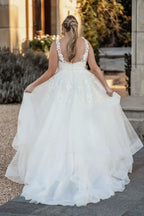 Gorgeous Plus Size Ball Gown Plunging V Neck Sleeveless Lace Back Floor Length Wedding Dress