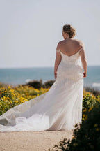 Gorgeous Plus Size Trumpet Off Shoulder Short Sleeve Button Back Floor Length Wedding Dress