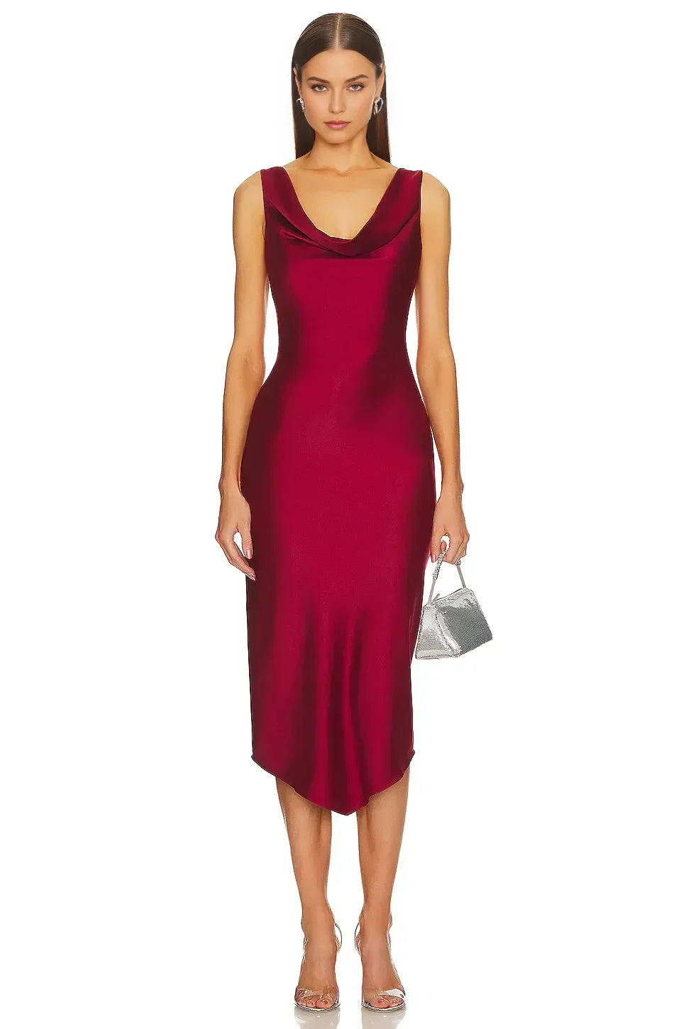 Gorgeous Sheath Cowl Neck Sleeveless Tie Back Midi Evening Dress