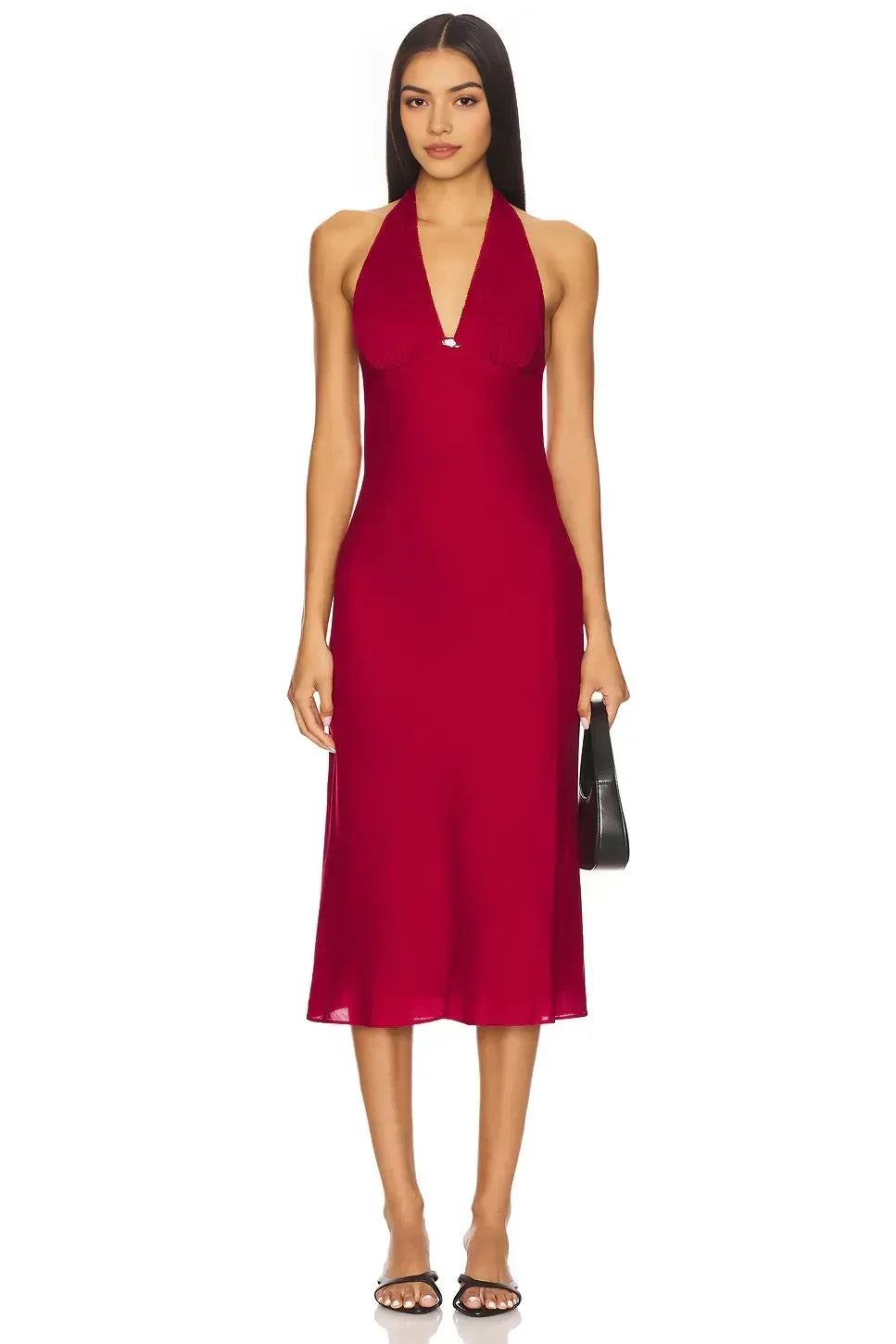 Chic Sheath Halter Neck Sleeveless Tie Back Midi Length Evening Dress