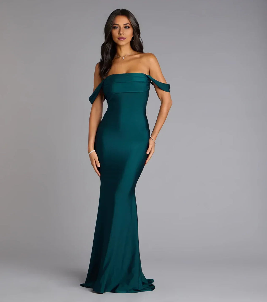 Gorgeous Trumpet Off Shoulder Short Sleeve Open Back Floor Length Prom Dress