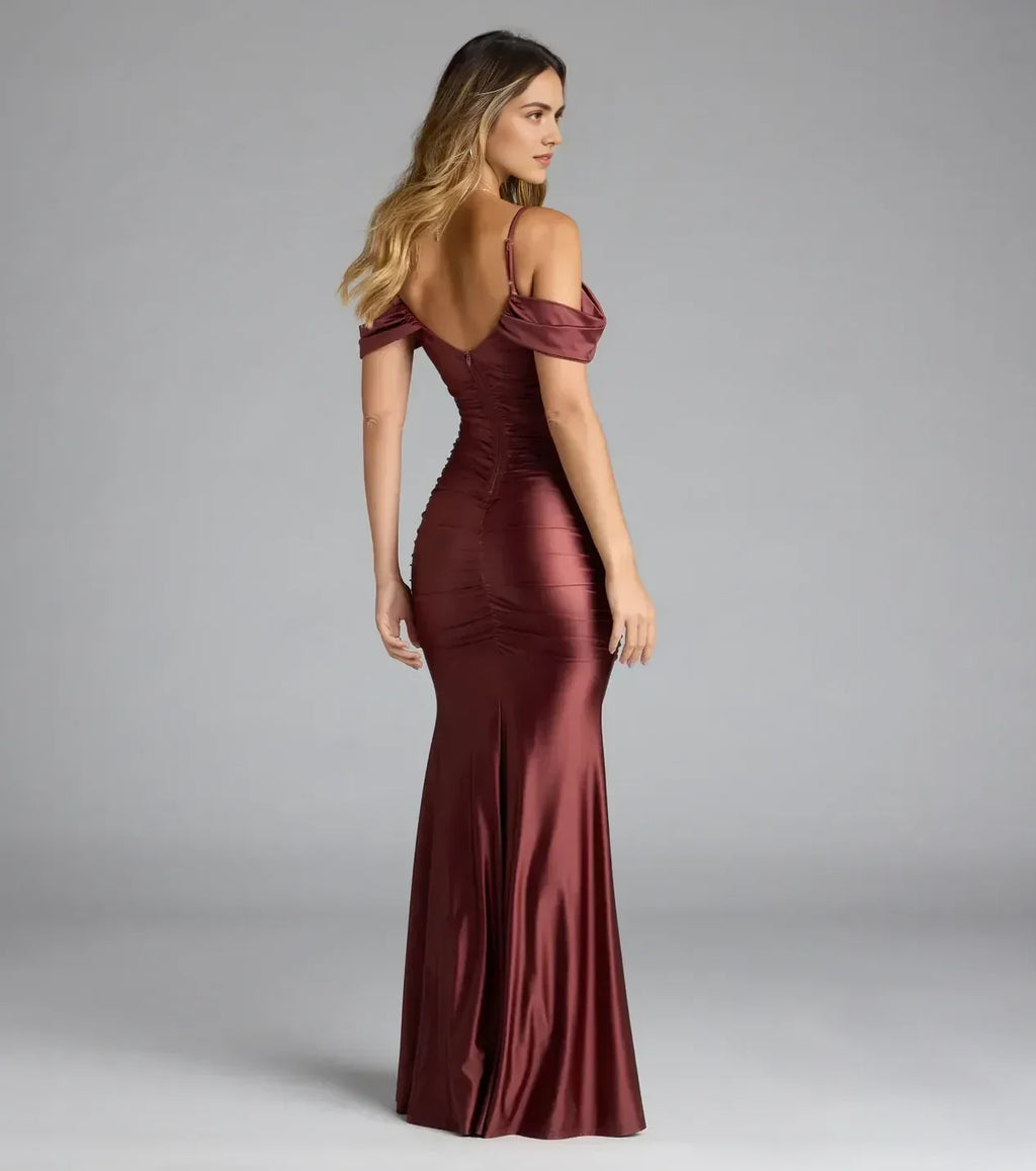 Gorgeous Trumpet Plunge Neck Off Shoulder Sleeve Zipper Back Floor Length Prom Dress