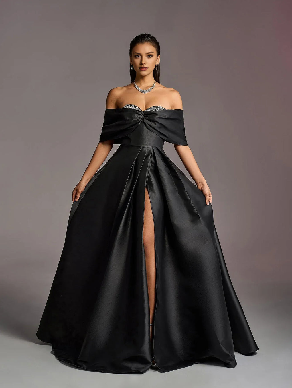 A-Line Off Shoulder Dropped Shoulder Sleeves Up Floor-Length Prom Dress