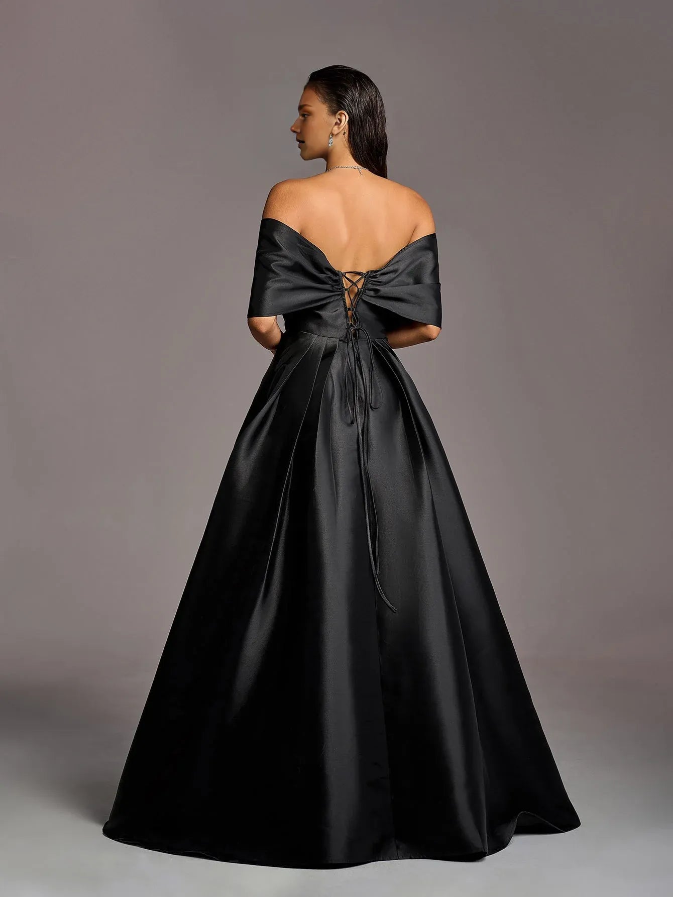 A-Line Off Shoulder Dropped Shoulder Sleeves Up Floor-Length Prom Dress