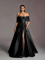 A-Line Off Shoulder Dropped Shoulder Sleeves Up Floor-Length Prom Dress