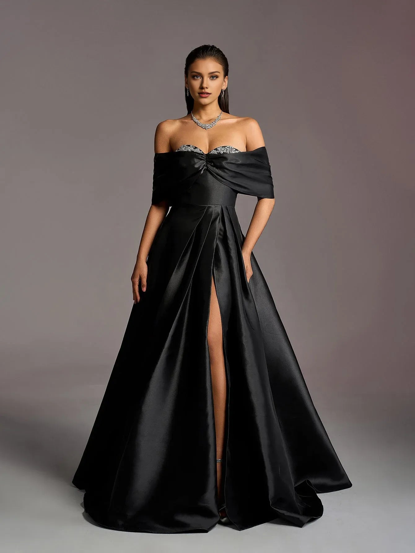 A-Line Off Shoulder Dropped Shoulder Sleeves Up Floor-Length Prom Dress