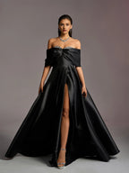 A-Line Off Shoulder Dropped Shoulder Sleeves Up Floor-Length Prom Dress