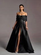 A-Line Off Shoulder Dropped Shoulder Sleeves Up Floor-Length Prom Dress