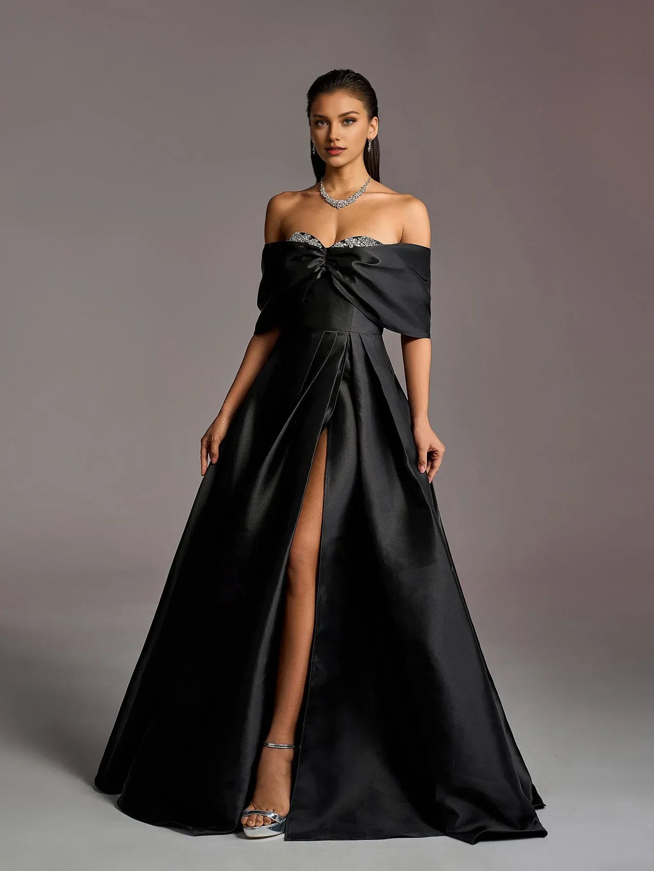 A-Line Off Shoulder Dropped Shoulder Sleeves Up Floor-Length Prom Dress