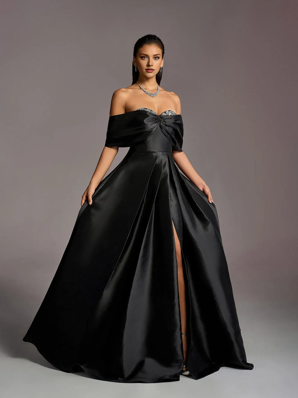 A-Line Off Shoulder Dropped Shoulder Sleeves Up Floor-Length Prom Dress