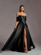 A-Line Off Shoulder Dropped Shoulder Sleeves Up Floor-Length Prom Dress