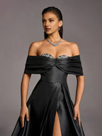 A-Line Off Shoulder Dropped Shoulder Sleeves Up Floor-Length Prom Dress