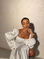A-Line Square Neck Long Sleeve Backless Floor-Length Wedding Dress
