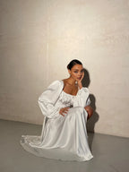 A-Line Square Neck Long Sleeve Backless Floor-Length Wedding Dress